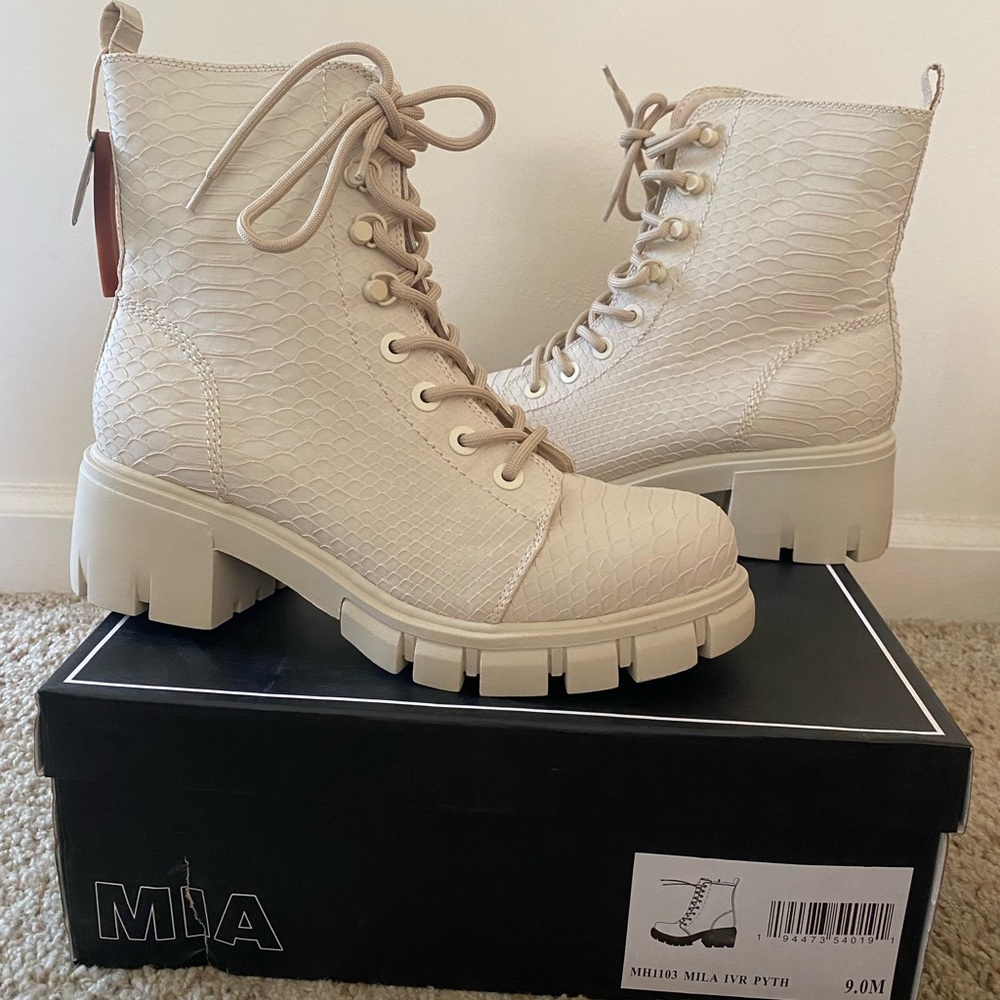 Beige, textured combat boots